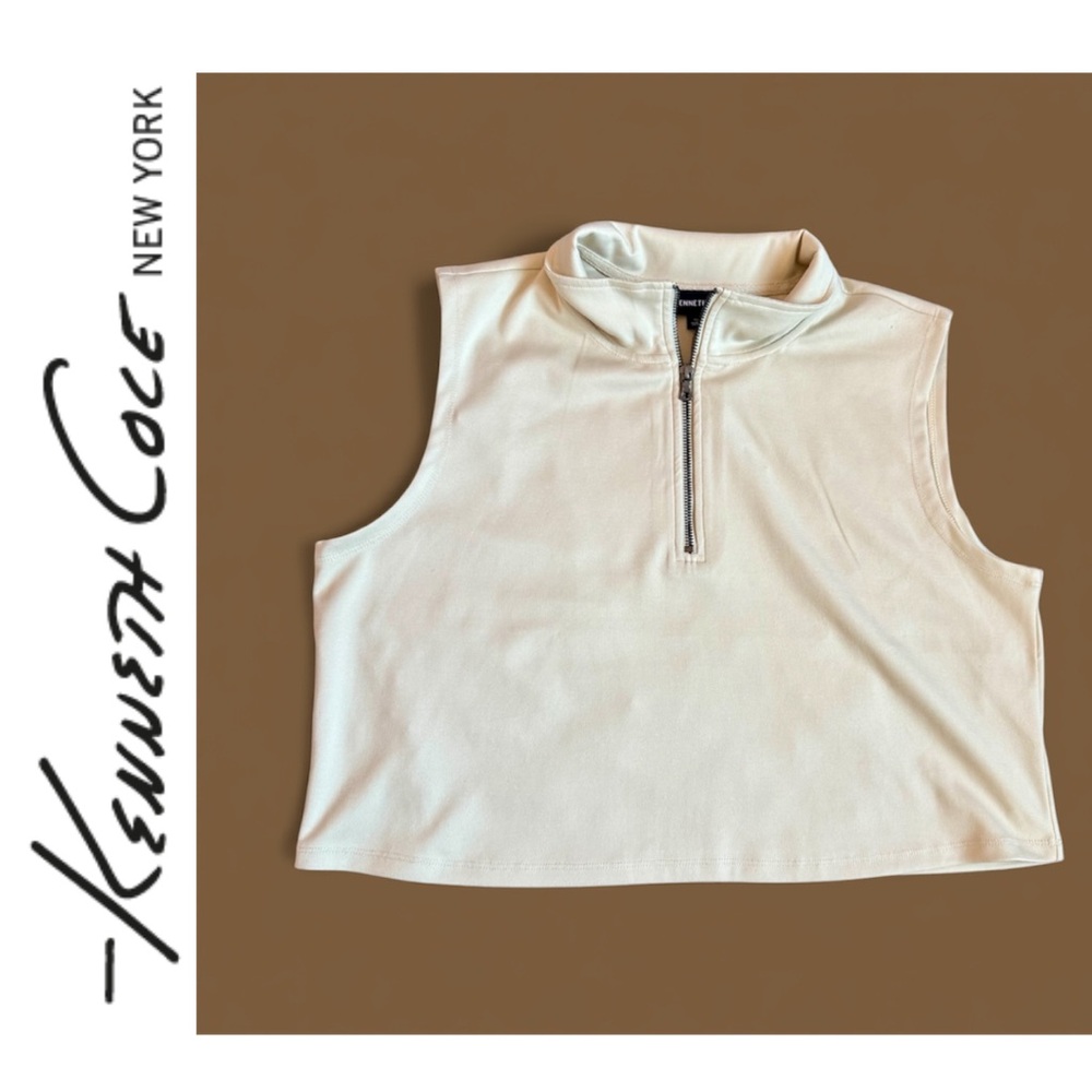🆕 Kenneth Cole Tan Colored Quarter Zip Up Sleeveless Hip Length Top. Size XL